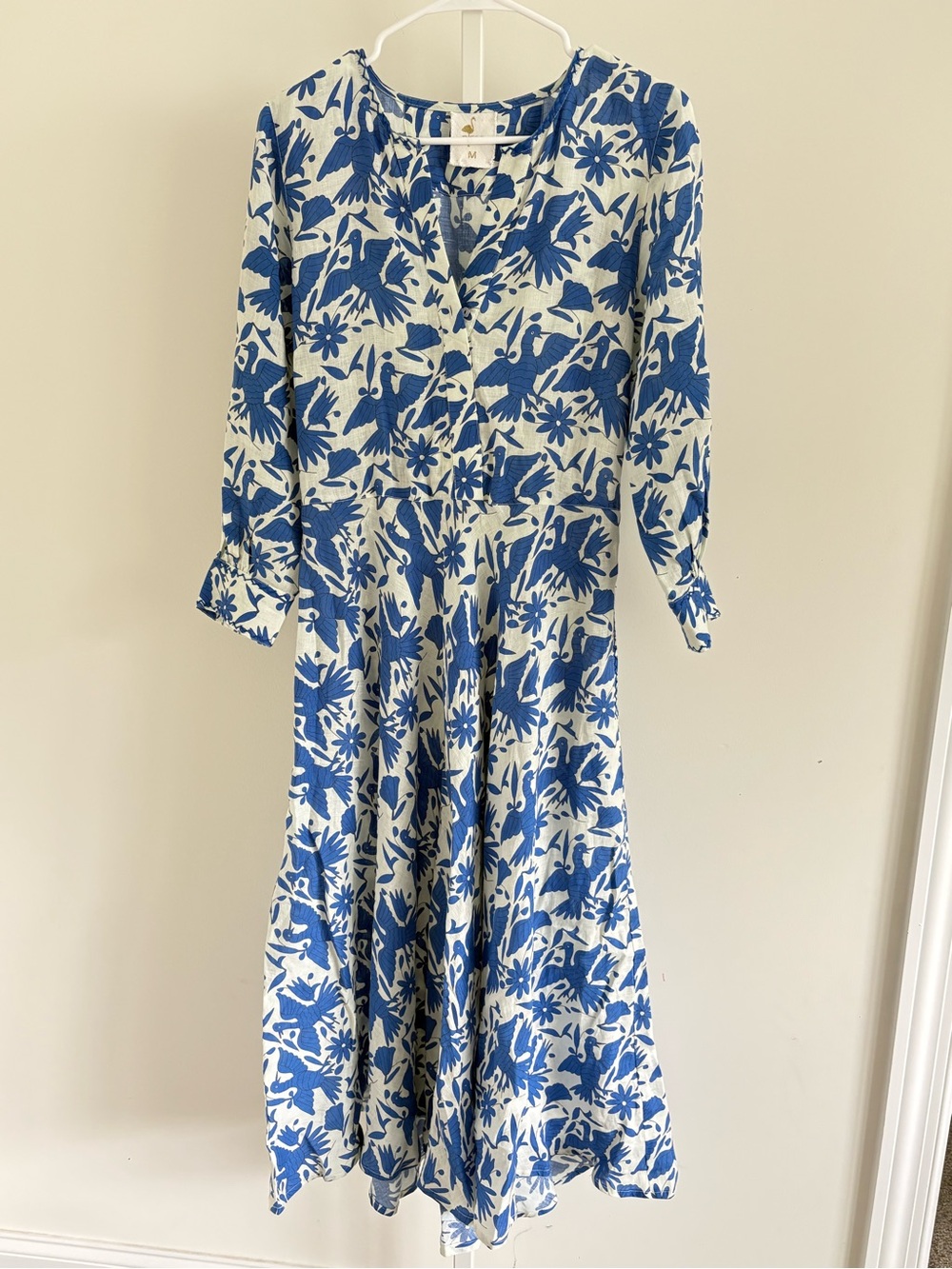 Nimo With Love 100% Linen Blue White Floral Long Sleeve Midi Dress M